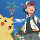 Ash and Pikachu seeing a giant floating bottle of ketchup
